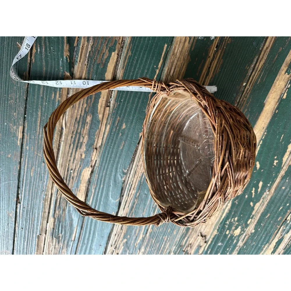 Rustic Woven Wicker Basket with Handle and Plastic Liner Small Round Planter